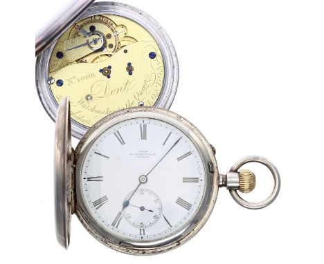 Victorian silver lever hunter pocket watch by Dent, London, London 1891, gilt three quarter plate movement signed Dent, Watch