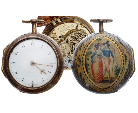 English 18th century gilt metal and horn pair cased verge pocket watch, the fusee movement signed E. East, London, no. 99, wi