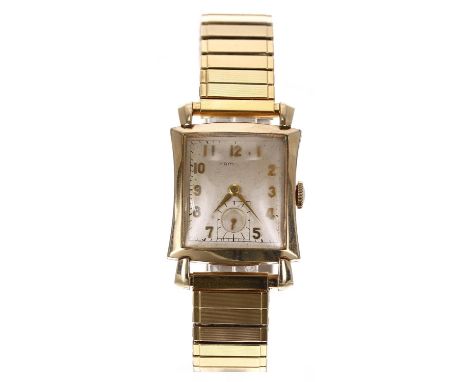 Hamilton 10k gold filled curved rectangular gentleman's wristwatch, rectangular silvered dial with applied gilt Arabic numera