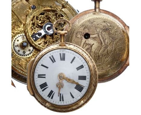 Late 18th century gilt verge pocket watch, the unsigned fusee movement with pierced engraved balance bridge, silvered regulat