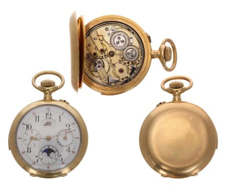Swiss 18ct minute repeating calendar pocket watch with moon phase, unsigned gilt frosted jewelled lever movement with hammers