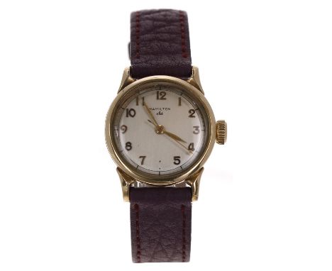 Hamilton 10k gold filled mid-size gentleman's wristwatch, circular silvered dial with applied Arabic numerals, minute track a