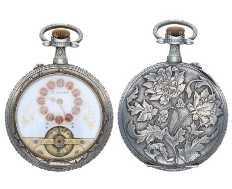 Hebdomas style 8 days white metal floral embossed pocket watch, the decorated dial with red enamelled Roman numerals over a v