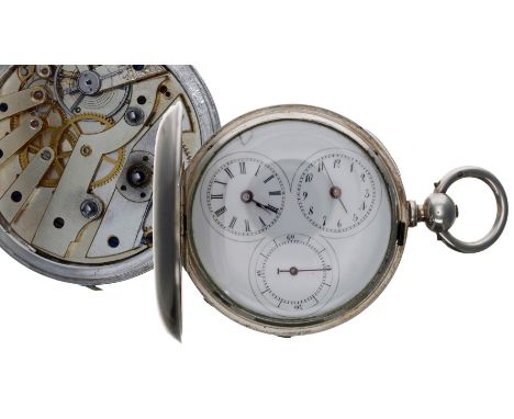 Interesting white metal dual-time hunter pocket watch, unsigned lever movement, the cuvette branded 'Ch. Frodsam, Liverpool, 