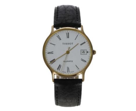 Tissot Quartz 9ct gentleman's wristwatch, white dial with Roman numerals, minute markers, date aperture and centre seconds, m