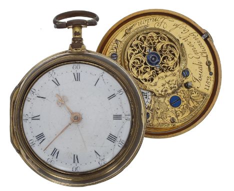 Late 18th century English gilt metal verge pair cased pocket watch, the fusee movement signed Josiah Emery, Charing Cross, Lo