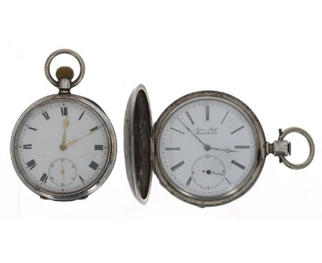 Silver lever engine turned pocket watch, unsigned movement, no. 3964186, 51mm; together with a coin silver lever hunter pocke