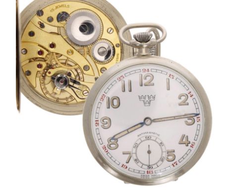 Swiss nickel cased lever pocket watch, gilt frosted 15 jewel movement, Arabic numeral dial with three crown emblem, minute tr