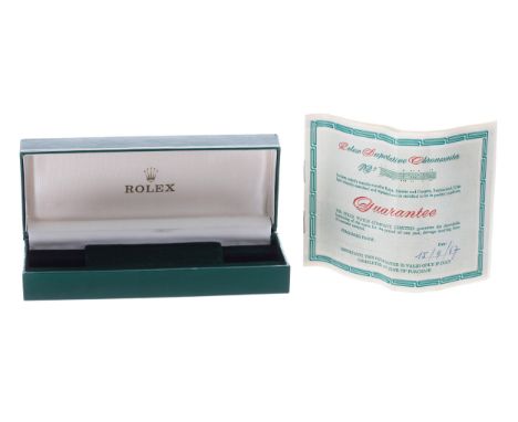 Rolex - Vintage Rolex green wristwatch box, 6" wide; with a Chronometer certificate dated 1967 