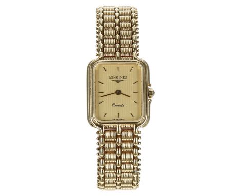 Longines Quartz gold plated and stainless steel lady's wristwatch, case no. 24309xxx, rectangular champagne dial with hour ma