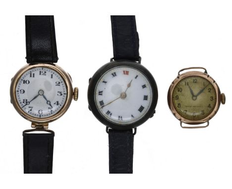 Rotary 9ct lady's wristwatch,&nbsp;Chester 1928, enamel dial, hinged case, black leather strap, 17.3gm, 25mm; together with a