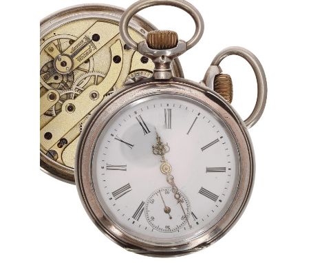 Minerva silver (0.800) cylinder pocket watch, signed gilt frosted bar movement, inscribed hinged cuvette, Roman numeral dial,