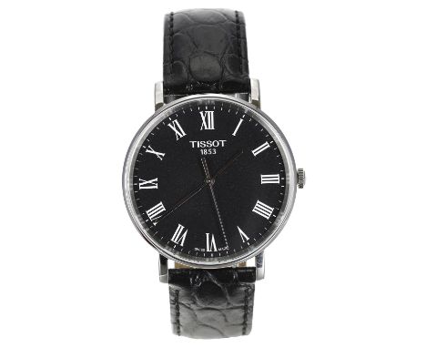 Tissot Everytime stainless steel gentleman's wristwatch, reference no. T109410, circa 2019, black dial, Tissot black leather 