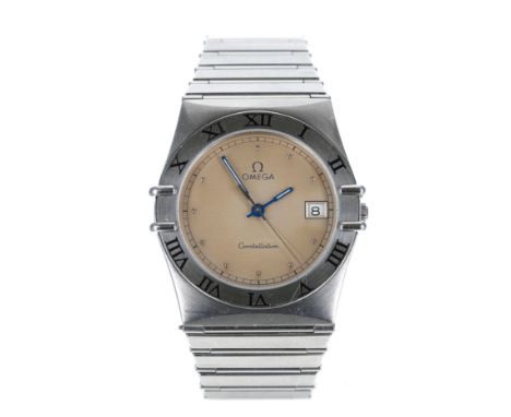 Omega Constellation stainless steel gentleman's wristwatch, circular cream dial with applied dot markers, minute track, date 
