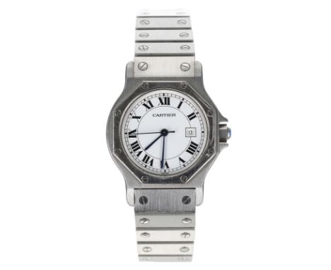 Cartier Santos Octagon automatic stainless steel mid-size wristwatch, serial no. 29850xxxx, white Roman numeral dial with min