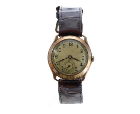 9ct mid-size wire-lug gentleman's wristwatch, import hallmarks Glasgow (possibly 1927), circular dial with Arabic numerals, m