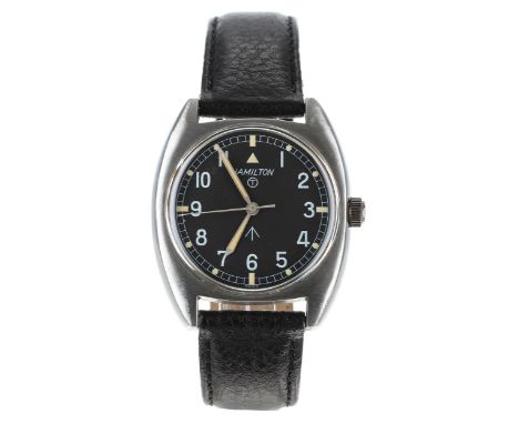 Hamilton British Military Army issue stainless steel wristwatch, circa 1973, black dial with Military arrow, circled T indica