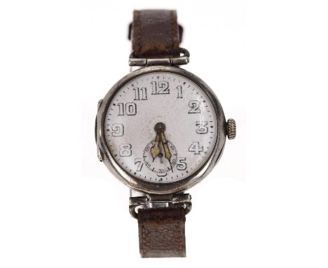 Silver officers trench wristwatch, import hallmarks London 1922, circular enamel dial with Arabic numerals, minute markers an