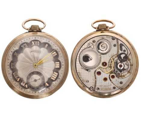 Zenith 10k rolled gold lever pocket watch, signed 17 jewel 6 adj. movement, no. 2517789,  with compensated balance and regula