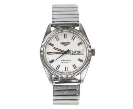 Longines Conquest Day Date automatic stainless steel gentleman's wristwatch, case reference no. 1512 1 A, movement no. 51550x