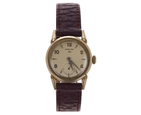 Hamilton 10k gold filled mid-size gentleman's wristwatch, circular silvered dial with applied Arabic numerals and hour marker