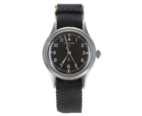 Hamilton British Military RAF H-67 Pilot's issue stainless steel wristwatch, circa 1960s, circular black dial with Military a