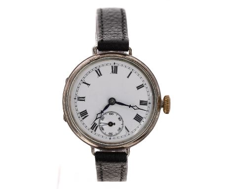 Silver wire-lug gentleman's wristwatch, import hallmarks London 1929, circular enamel dial with Roman numerals, minute track 