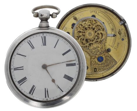 William IV silver verge pair cased pocket watch, London 1834, unsigned fusee movement, no. 16150, with pierced engraved balan