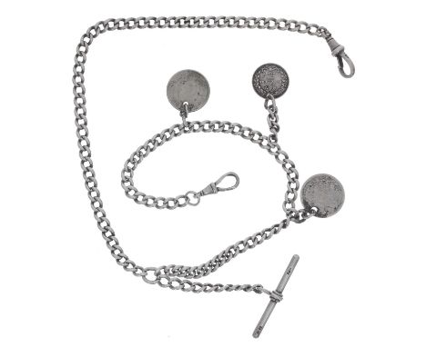 Silver curb link double watch Albert chain, with silver T-bar, two silver clasps and three coin fobs, 18.75'' long 