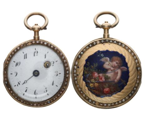 Attractive 19th century gold, enamel and seed pearl verge fob watch, the movement with pierced balance bridge, steel three ar