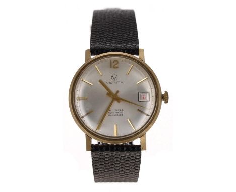 Verity 9ct automatic gentleman's wristwatch, London 1973, circular silvered dial with applied gilt Arabic twelve and baton ma