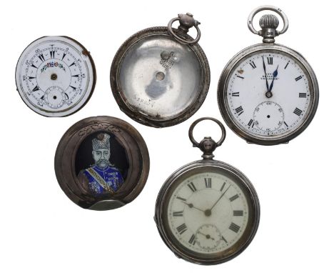 Silver 'Kay's Keyless ''Challenge''' lever engine turned pocket watch, 51mm (lacking glass and subsidiary hand); together wit