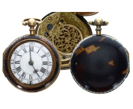 English 18th century gilt metal and tortoiseshell pair cased verge pocket watch, the fusee movement signed Jon. Pyke, London,