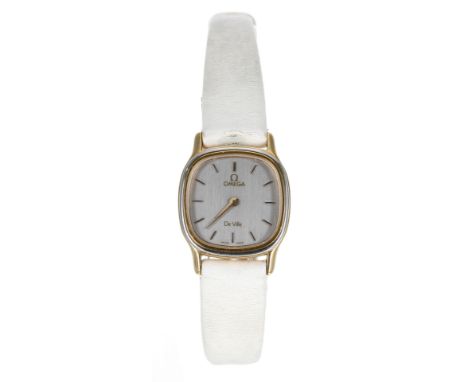 Omega De Ville gold plated and stainless steel lady's wristwatch, reference no. 1387, silvered dial, modern white leather str