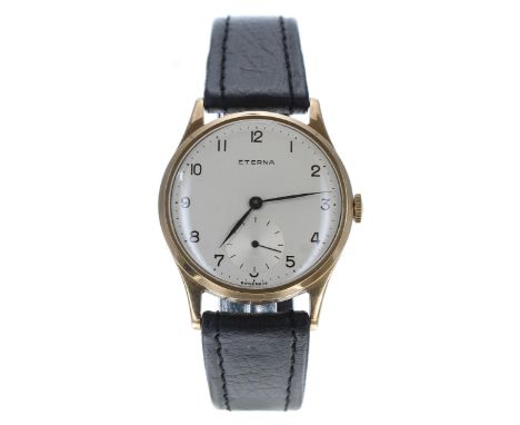 Eterna 9ct gentleman's wristwatch, Birmingham 1957, circular silvered dial with Arabic numerals, minute markers and subsidiar