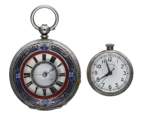 Continental silver (800M) and enamel half hunter lever pocket watch for repair, the movement and dial signed Courvoisier Frer