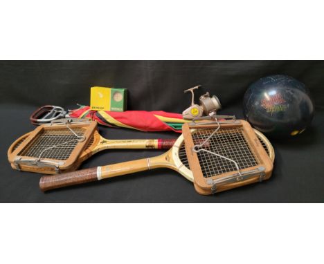 SELECTION OF VINTAGE SPORTING EQUIPMENT comprising a pair of wooden tennis rackets, one by Slazenger, the other Dunlop; a vin