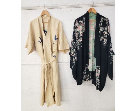 RAW SILK 1920s JAPANESE CREAM KIMONOwith hand embroidered dragon to back and front, together with a 1920s black silk robe, wi
