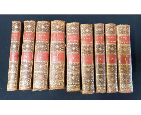 MIGUEL DE CERVANTES ' DON QUIXOTE'1788, Madrid, 9 volumes, Spanish text, leather bound with gilt tool work and marble linings