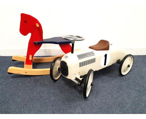 VILAC WHITE RIDE ON TOYwith no. 1 to side, with chrome steering wheel, 70cm long; together with a wooden rocking horse in red
