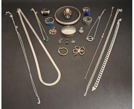 SELECTION OF SILVER JEWELLERYincluding five rings - enamel, Lapis and others, a flat snake chain necklace, various pendants a