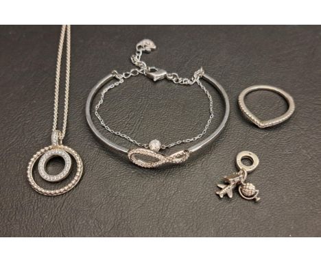 SELECTION OF PANDORA AND SWAROVSKI JEWELLERYcomprising a Pandora silver Pave and beads pendant on chain, a Pandora silver wis
