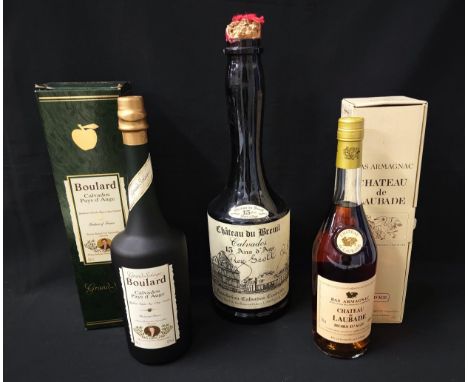 THREE BOTTLES OF BRANDYcomprising one bottle of Boulard Calvados Pays d' Auge (40% and 100cl), one bottle of Bas Armagnac Cha
