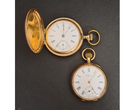 TWO WALTHAM GOLD PLATED POCKET WATCHESone a full hunter with engraved decoration to the case, the other with open faced dial,