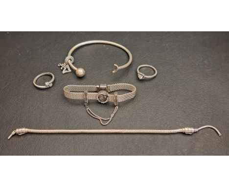 SELECTION OF PANDORA SILVER JEWELLERYcomprising a Reflexions bracelet with asymmetric heart and arrow clip charm and safety c