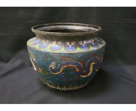 LARGE 19th CENTURY  CHINESE CLOISONNE ENAMEL JARDINIÈREdepicting dragons, 23 x 32 cm