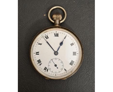 OPEN FACED SILVER CASED POCKET WATCHthe white enamel dial with Roman numerals and subsidiary seconds dial