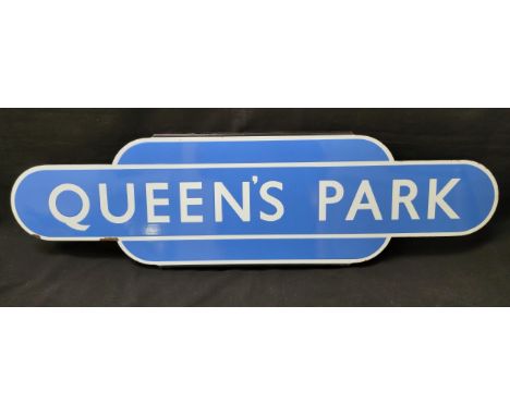 METAL AND ENAMEL TOTEM BR(SC) SIGN FOR QUEENS PARKthe blue and white British Rail sign measuring 91.5cm long x 26cm high