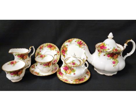 ROYAL ALBERT OLD COUNTRY ROSES TEA SETcomprising five cups, six saucers and side plates, a tea pot, a sugar bowl and a milk j