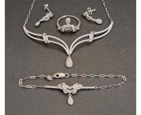 EIGHTEEN CARAT WHITE GOLD SUITE OF JEWELLERYall set with CZ, comprising a necklace, bracelet, pair of earrings and a ring (si